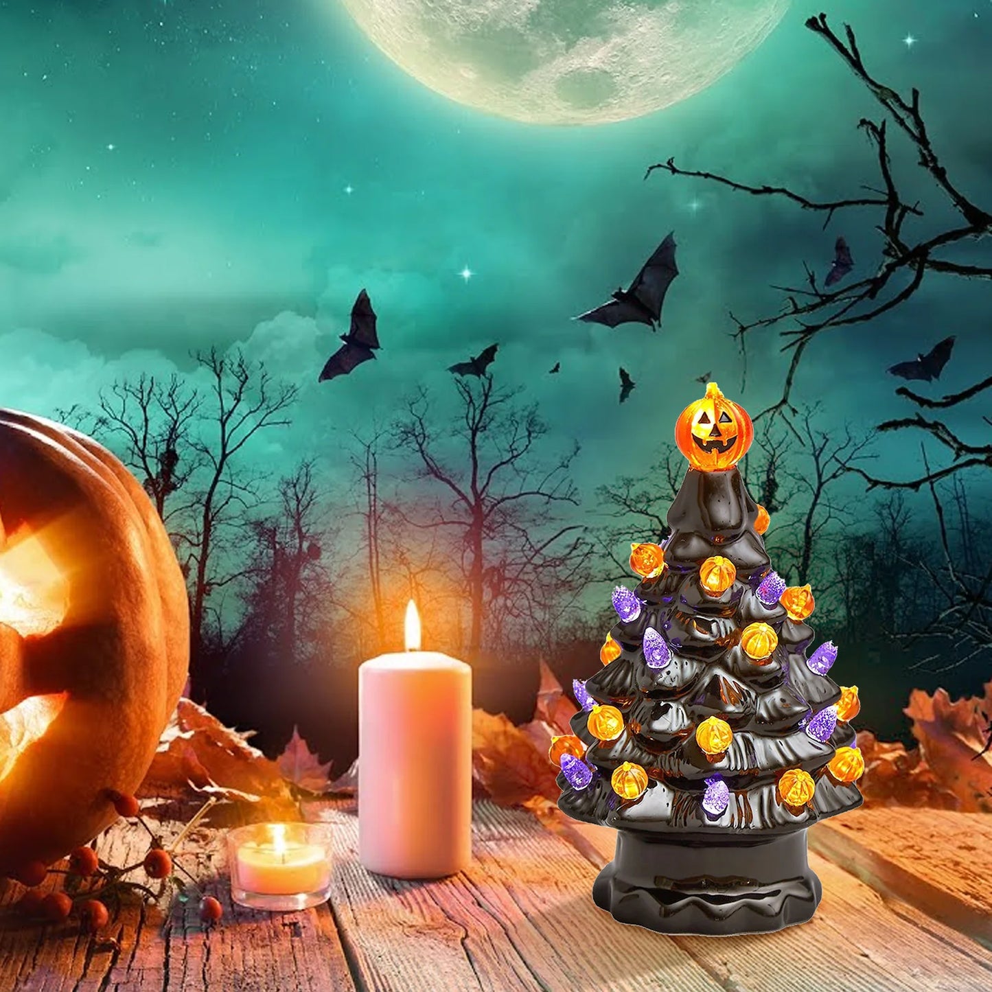 Halloween LED Tree Table Centerpiece Halloween Decor Ceramic Tree Christmas Tree Pumpkin Lighted Halloween Decorations